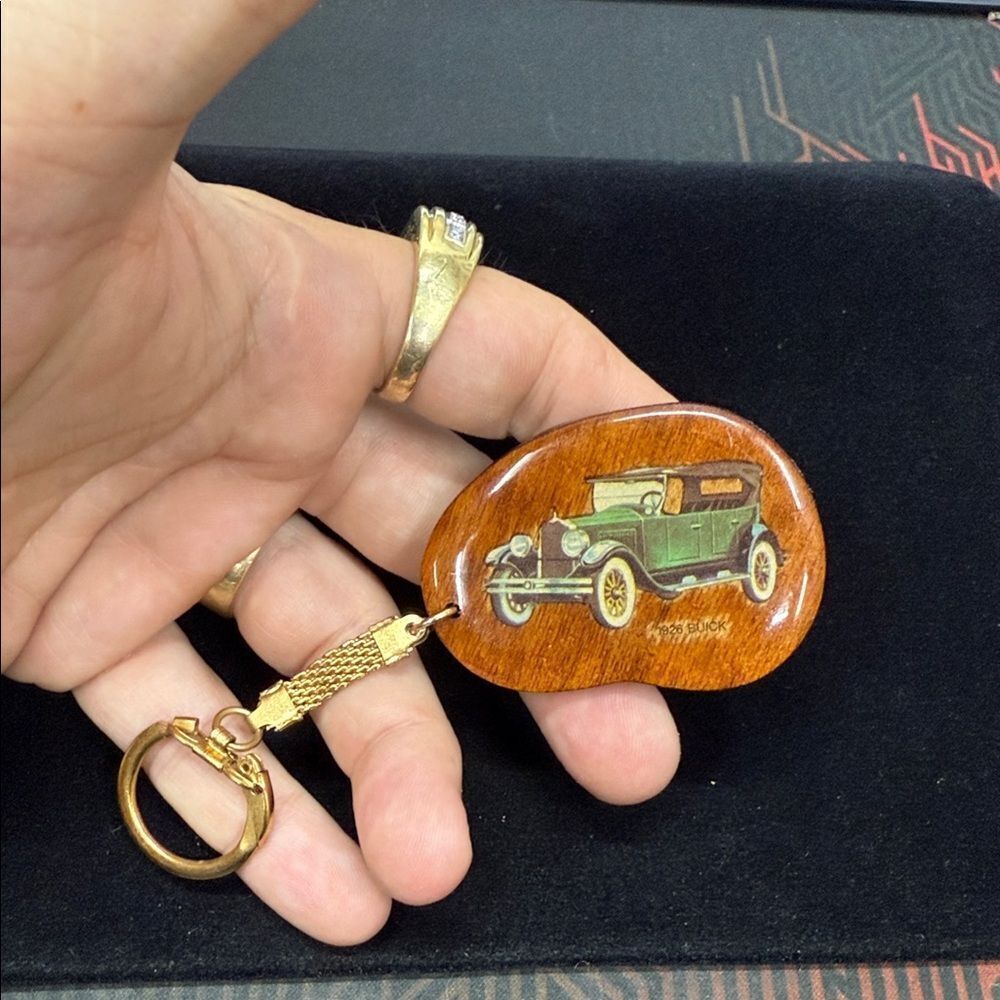 Vintage 1926 Buick Wooden Car Keychain with Gold Accents